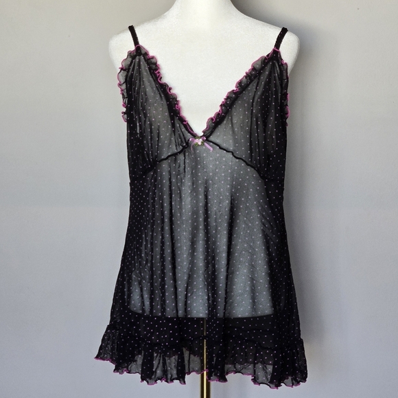 Y2K 90s Vintage Rampage Babydoll Sheer Mesh Polka-Dot Black Lace Cami Top - Picture 8 of 12